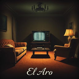 An intriguing poster depicting a 1950s living room where an antique television set is playing static, creating an unsettling vibe