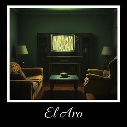 An intriguing poster depicting a 1950s living room where an antique television set is playing static, creating an unsettling vibe