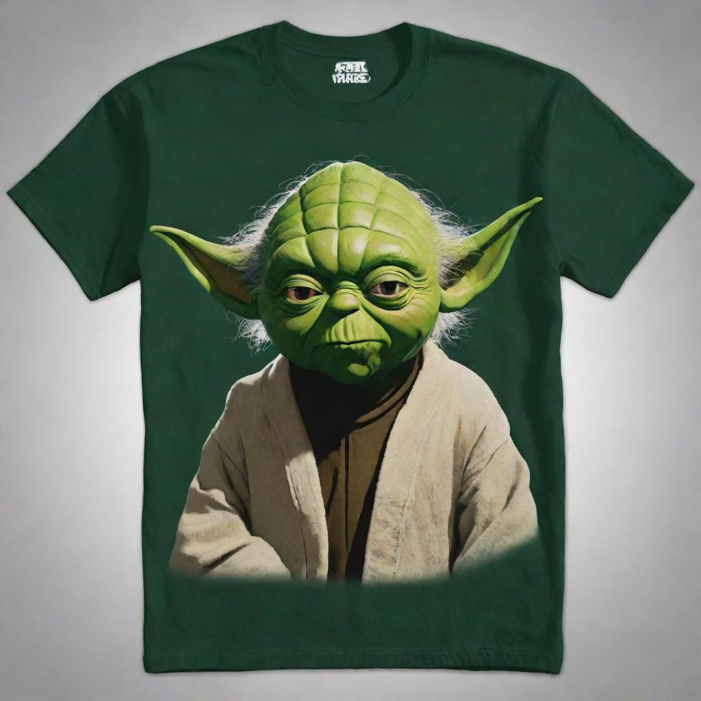 Cartoon-styled Yoda from Star Wars printed on a t-shirt