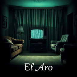 An intriguing poster depicting a 1950s living room where an antique television set is playing static, creating an unsettling vibe