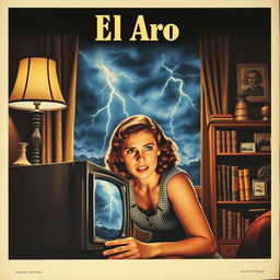 A striking poster featuring a young woman intently watching a tape on an old television, her face reflecting deep concern