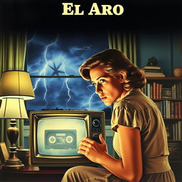 A striking poster featuring a young woman intently watching a tape on an old television, her face reflecting deep concern