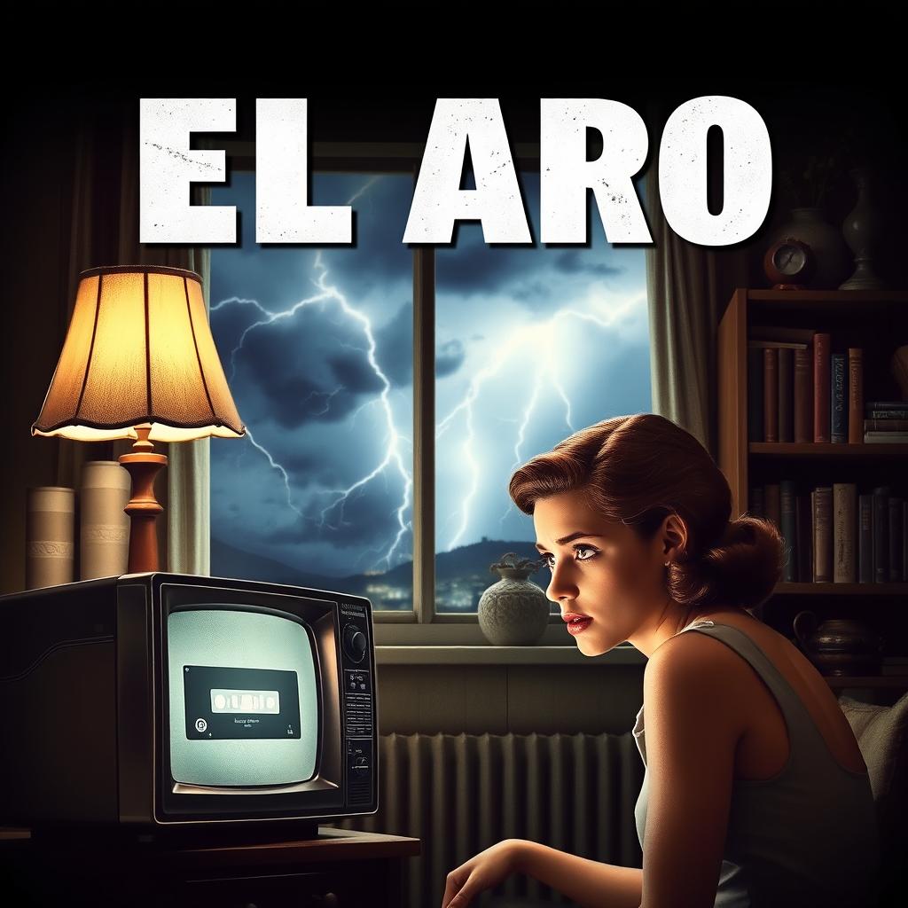 A striking poster featuring a young woman intently watching a tape on an old television, her face reflecting deep concern