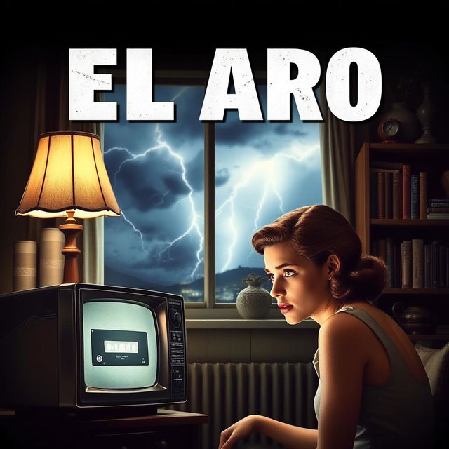 A striking poster featuring a young woman intently watching a tape on an old television, her face reflecting deep concern