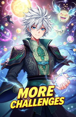 Anime style illustration of a young handsome man with striking white hair, exuding a powerful aura