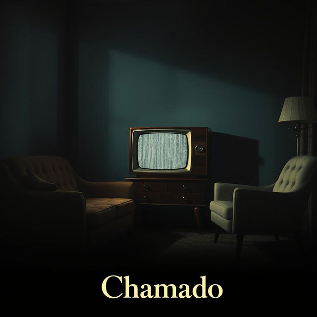 An atmospheric poster showcasing a 1950s living room with an antique television that is switched on, displaying static for a haunting effect