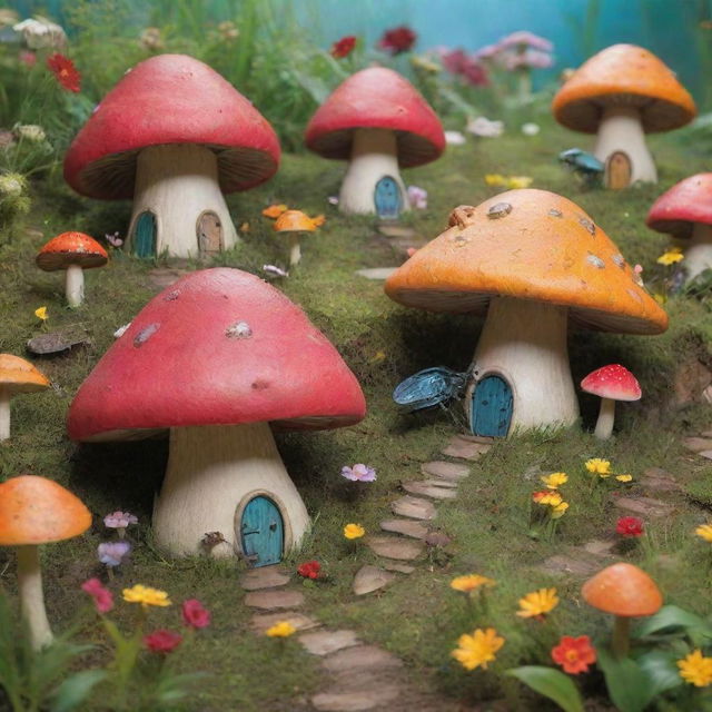 A bustling insect village beautifully nestled amongst blades of grass and vibrant flowers. Life-sized insects dressed much like humans, carrying out daily activities amidst mushroom houses and leaf-laden pathways.