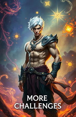 A young, handsome man with a muscular build and striking white hair, wearing intricate fantasy clothing that showcases his powerful demeanor