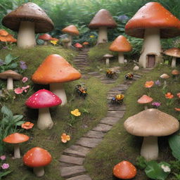 A bustling insect village beautifully nestled amongst blades of grass and vibrant flowers. Life-sized insects dressed much like humans, carrying out daily activities amidst mushroom houses and leaf-laden pathways.