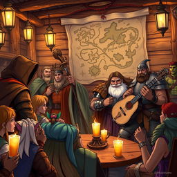 A captivating illustration for a Dungeons and Dragons campaign, featuring a diverse group of adventurers gathered in a mystical tavern