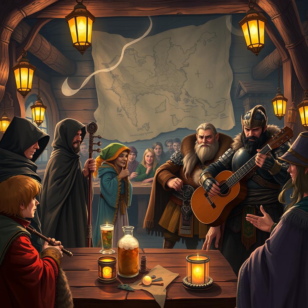 A captivating illustration for a Dungeons and Dragons campaign, featuring a diverse group of adventurers gathered in a mystical tavern