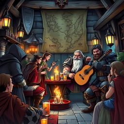 A captivating illustration for a Dungeons and Dragons campaign, featuring a diverse group of adventurers gathered in a mystical tavern