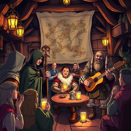 A captivating illustration for a Dungeons and Dragons campaign, featuring a diverse group of adventurers gathered in a mystical tavern