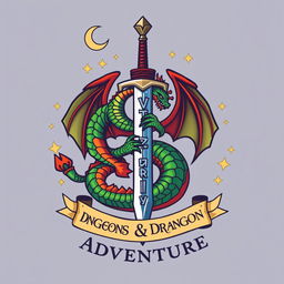 A striking logo design for a Dungeons and Dragons campaign, featuring a bold dragon entwined around a mystical sword