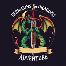 A striking logo design for a Dungeons and Dragons campaign, featuring a bold dragon entwined around a mystical sword