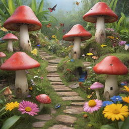 A bustling insect village beautifully nestled amongst blades of grass and vibrant flowers. Life-sized insects dressed much like humans, carrying out daily activities amidst mushroom houses and leaf-laden pathways.