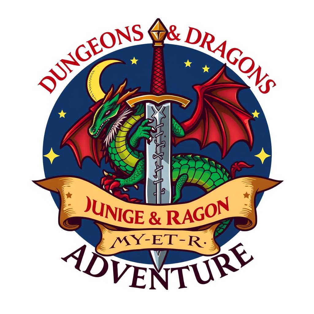 A striking logo design for a Dungeons and Dragons campaign, featuring a bold dragon entwined around a mystical sword