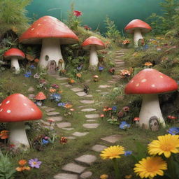 A bustling insect village beautifully nestled amongst blades of grass and vibrant flowers. Life-sized insects dressed much like humans, carrying out daily activities amidst mushroom houses and leaf-laden pathways.