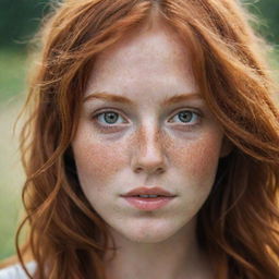 Beautiful girl with disheveled red hair, honey-colored eyes, beautiful freckles, and cute nose