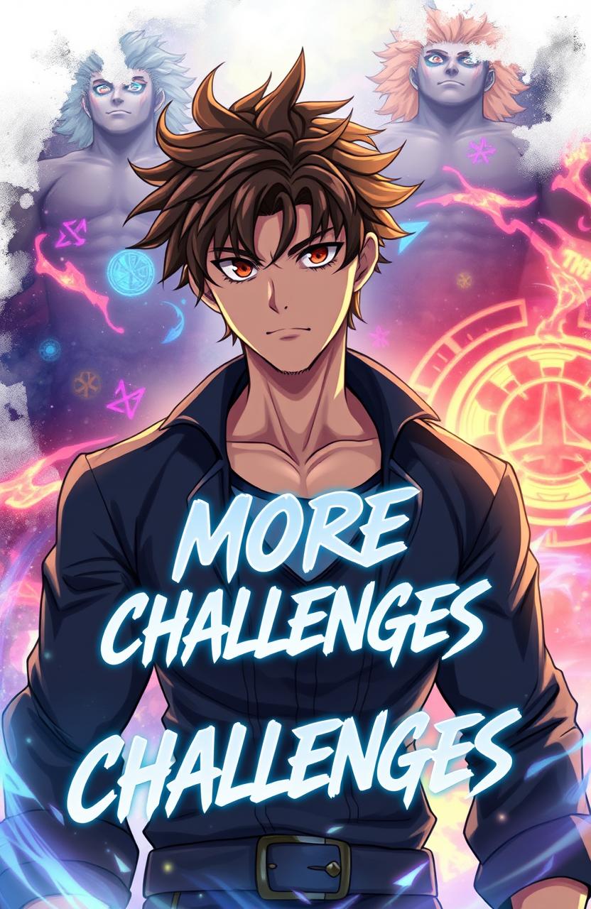 A handsome anime-style man with a strong build, featuring tousled hair and an intense gaze