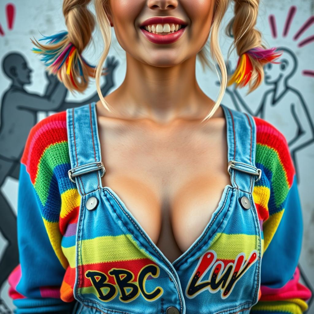 A close-up torso shot of a gorgeous female with blonde hair styled in playful pigtails featuring colorful tips