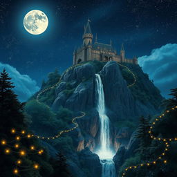 A majestic kingdom under a full moon night, glistening with a myriad of stars in the sky