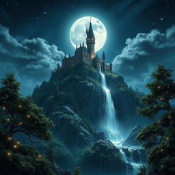 A majestic kingdom under a full moon night, glistening with a myriad of stars in the sky