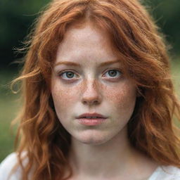 Beautiful girl with disheveled red hair, honey-colored eyes, beautiful freckles, and cute nose