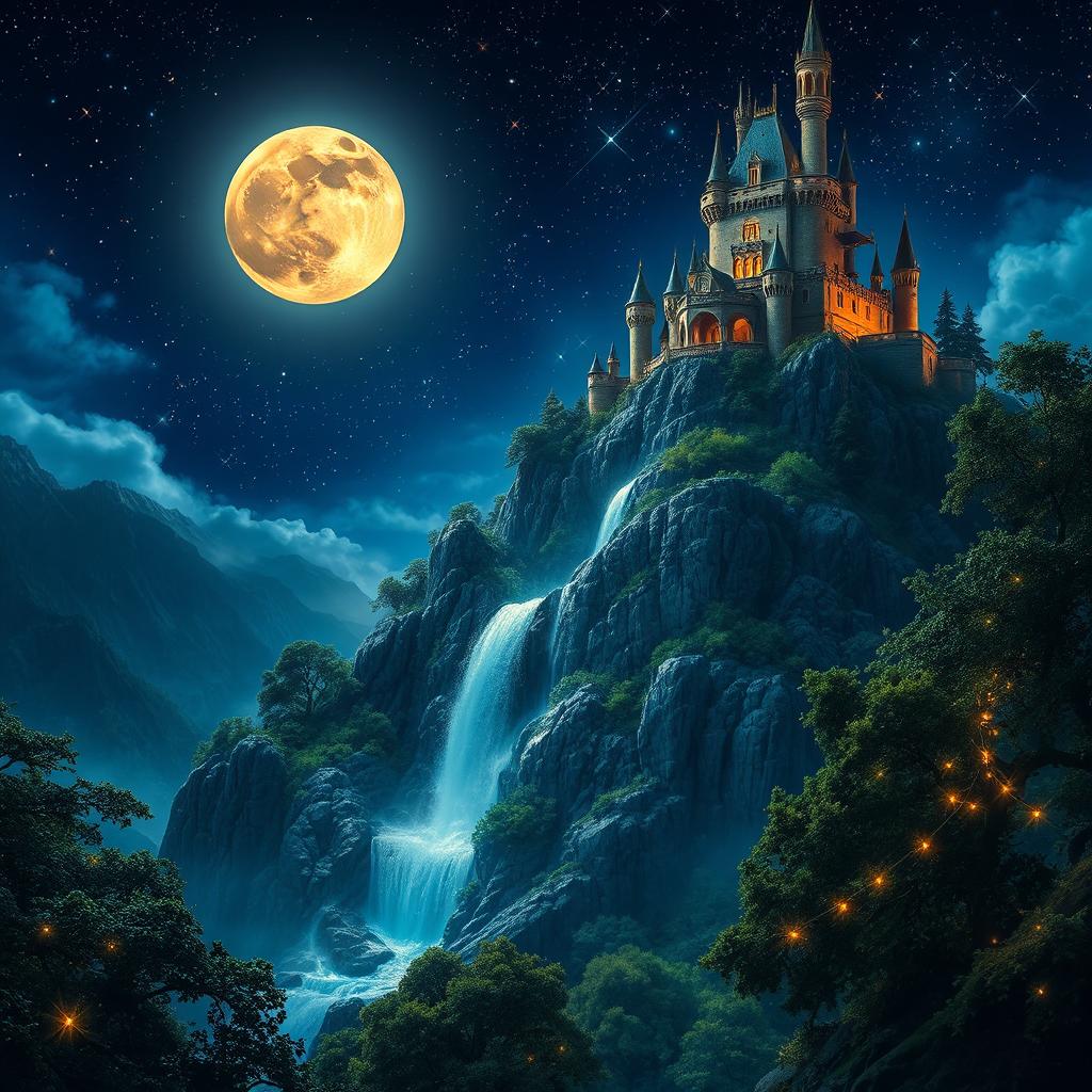 A majestic kingdom under a full moon night, glistening with a myriad of stars in the sky