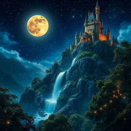A majestic kingdom under a full moon night, glistening with a myriad of stars in the sky