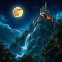 A majestic kingdom under a full moon night, glistening with a myriad of stars in the sky