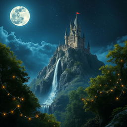 A majestic kingdom under a full moon night, glistening with a myriad of stars in the sky