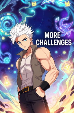 Anime style illustration of a handsome man with striking white hair and an athletic build, showcasing an aura of power and charm