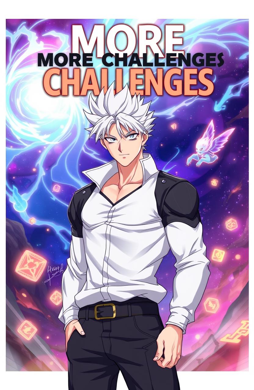 Anime style illustration of a handsome man with striking white hair and an athletic build, showcasing an aura of power and charm