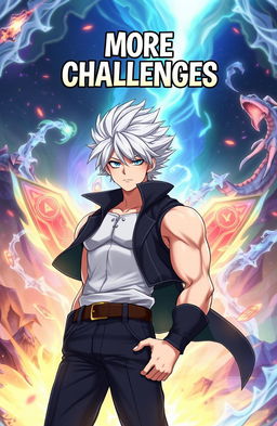 Anime style illustration of a handsome man with striking white hair and an athletic build, showcasing an aura of power and charm