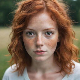 Beautiful girl with disheveled red hair, honey-colored eyes, beautiful freckles, and cute nose