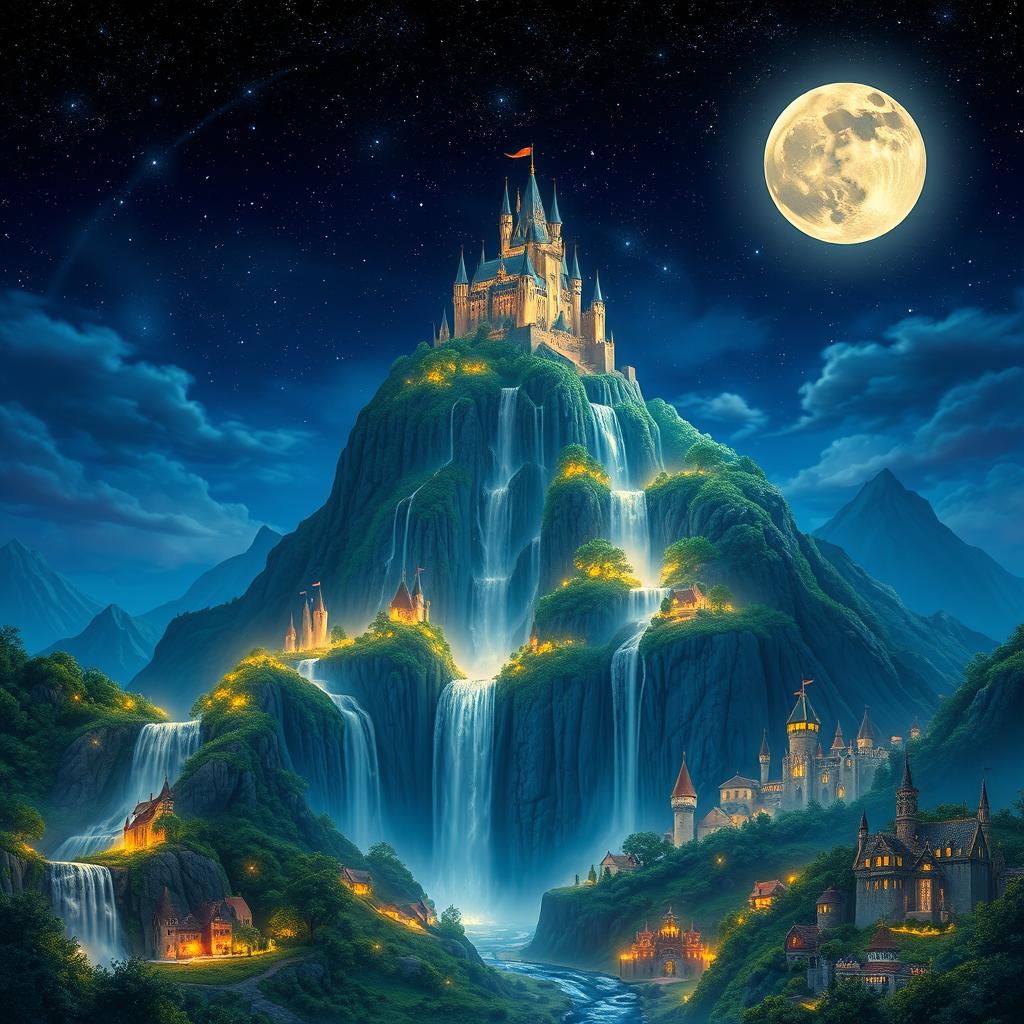 A stunning fantasy kingdom illuminated by a full moon and countless stars in the night sky