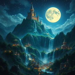 A stunning fantasy kingdom illuminated by a full moon and countless stars in the night sky