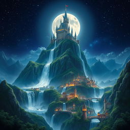 A stunning fantasy kingdom illuminated by a full moon and countless stars in the night sky