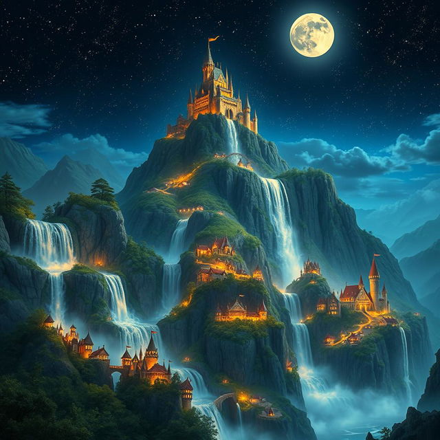 A stunning fantasy kingdom illuminated by a full moon and countless stars in the night sky