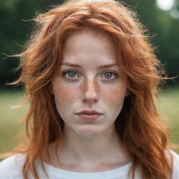 Beautiful girl with disheveled red hair, honey-colored eyes, beautiful freckles, and cute nose