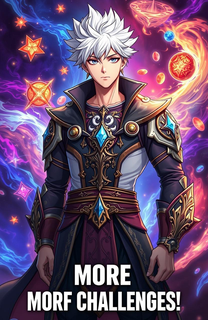 An anime-style handsome man with striking white hair, wearing intricate and fantastical clothing that symbolizes his magical powers, stands confidently in front of a vibrant and dynamic fantasy background filled with swirling magical energies and glowing artifacts