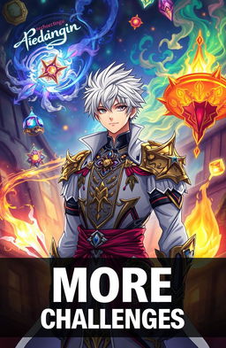 An anime-style handsome man with striking white hair, wearing intricate and fantastical clothing that symbolizes his magical powers, stands confidently in front of a vibrant and dynamic fantasy background filled with swirling magical energies and glowing artifacts