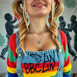 A close-up shot of a gorgeous blonde female with playful pigtails featuring colorful tips