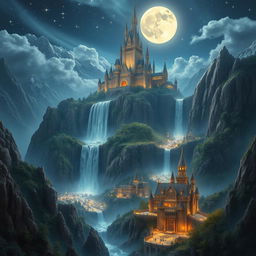 A grand and enchanting fantasy kingdom under a full moon, adorned with a blanket of shimmering stars