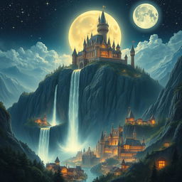 A grand and enchanting fantasy kingdom under a full moon, adorned with a blanket of shimmering stars