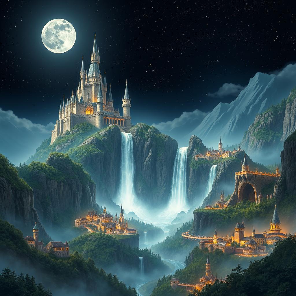 A grand and enchanting fantasy kingdom under a full moon, adorned with a blanket of shimmering stars