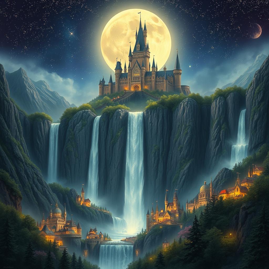 A grand and enchanting fantasy kingdom under a full moon, adorned with a blanket of shimmering stars