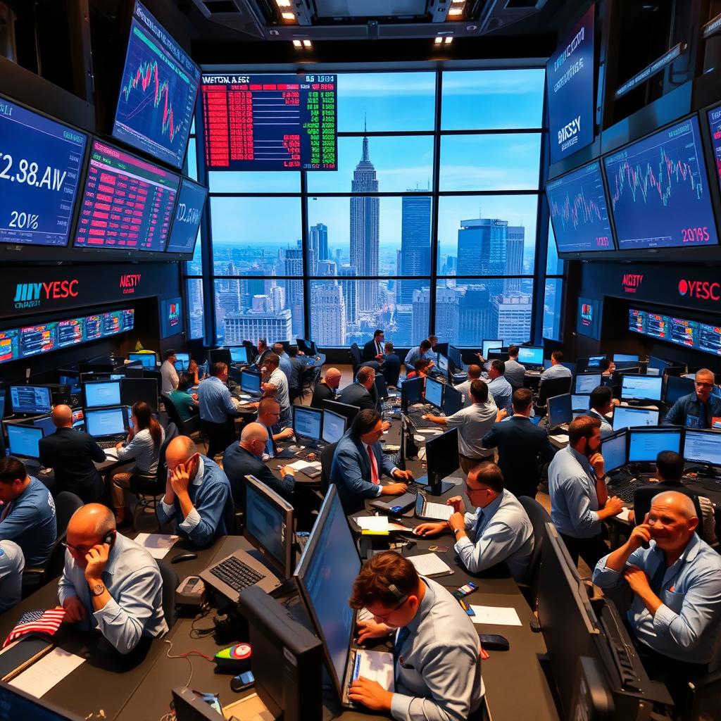 A vibrant and dynamic trading floor scene filled with traders actively engaging in stock exchanges