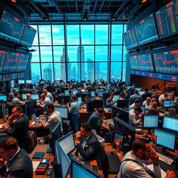 A vibrant and dynamic trading floor scene filled with traders actively engaging in stock exchanges